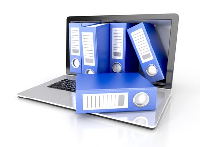 files in database - laptop with ring binders. 3d illustration